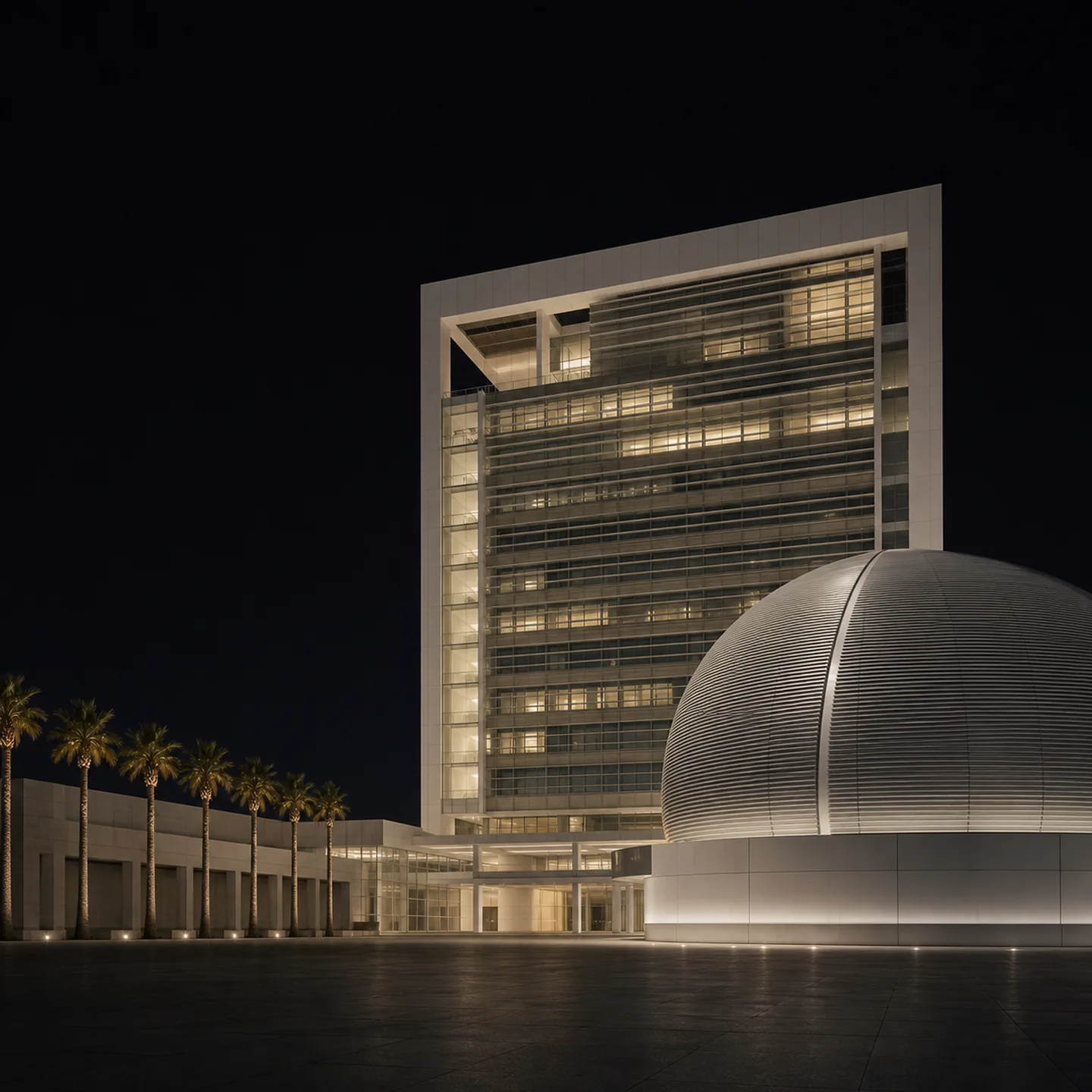 San Jose City Hall's white tower and louvered rotunda glow across the civic plaza at blue hour.