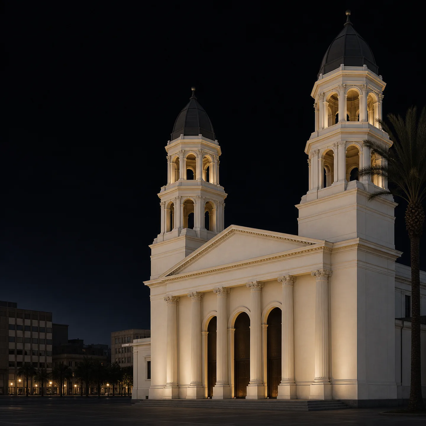 The Cathedral Basilica of St. Joseph's twin cupola towers rise above its ivory arched facade at twilight.