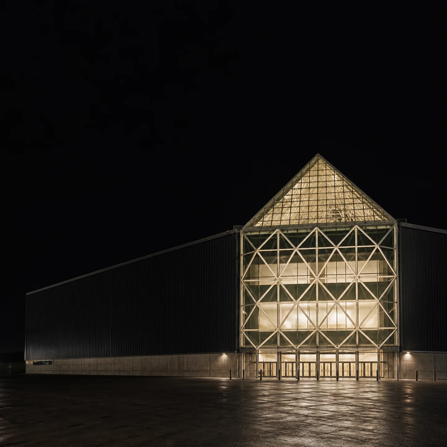 San Jose's arena presents its glass gable, pyramid roof, and white X-braced entrance above an empty forecourt at night.