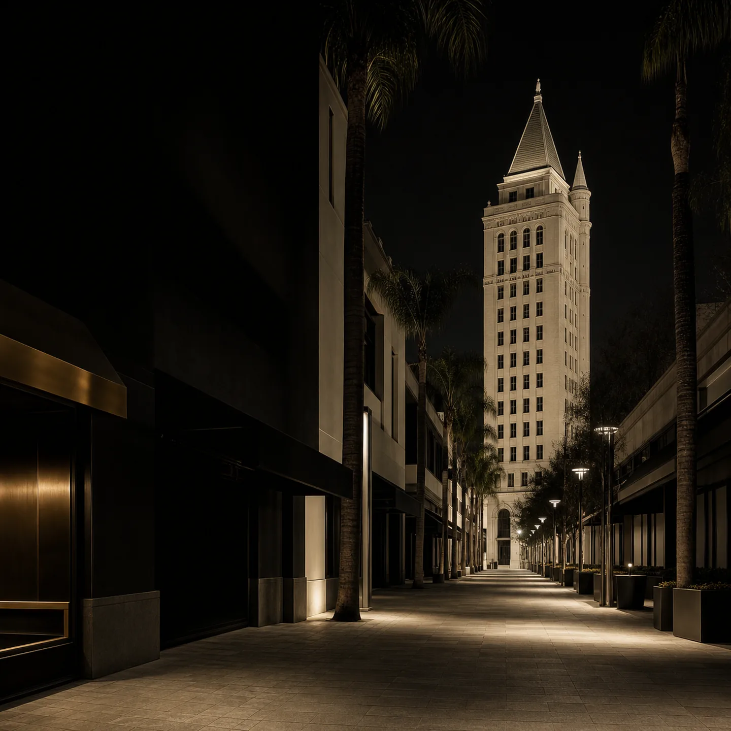 A palm-lined Paseo de San Antonio leads toward San Jose's historic Bank of Italy tower at dusk.