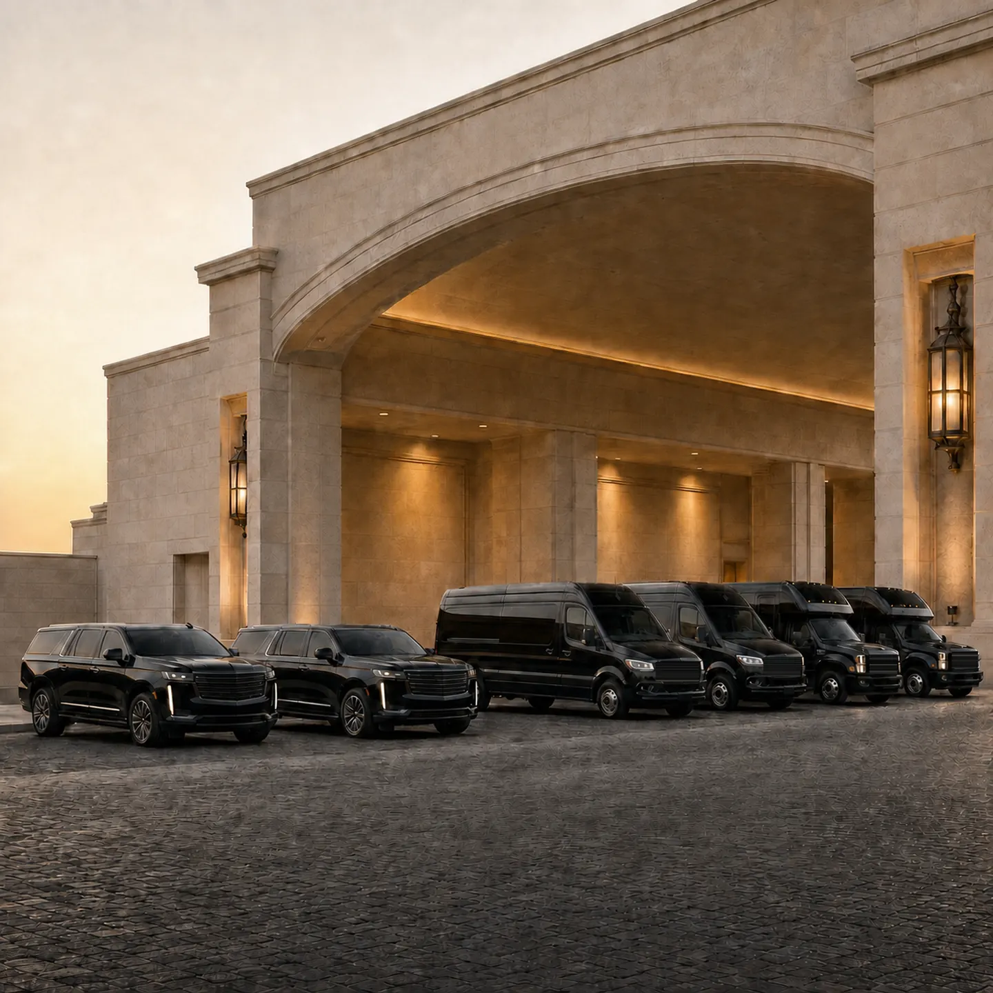 Six black vehicles, two Cadillac Escalades, two Mercedes-Benz Sprinter vans and two Ford F-550 mini-coaches, lined up before a stone archway at dusk.