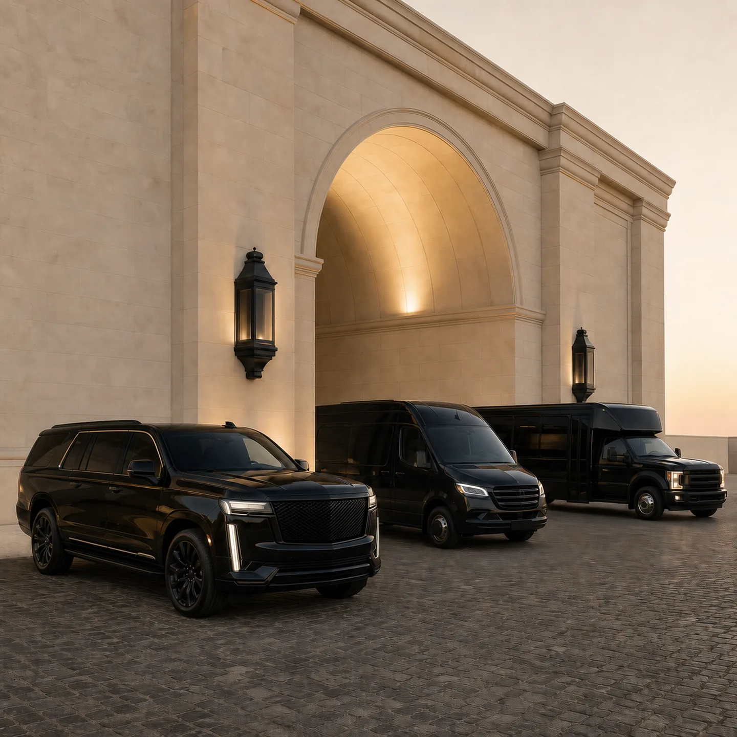 A black Cadillac Escalade, Mercedes-Benz Sprinter van, and Ford F-550 mini-coach parked before a stone archway entrance at dusk.