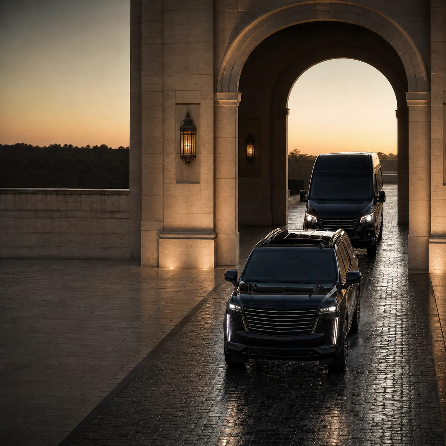 A black Cadillac Escalade followed by a black Mercedes-Benz Sprinter van driving through a stone archway at sunset.