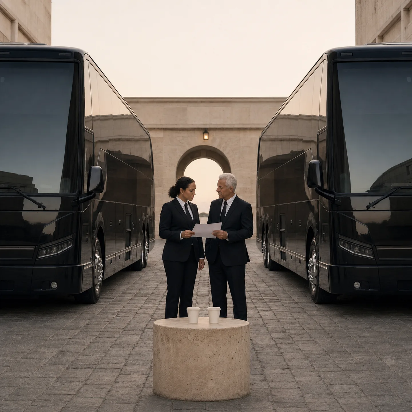 Two staff members review a printed page between two black motorcoaches, framed by a large stone archway at dusk.