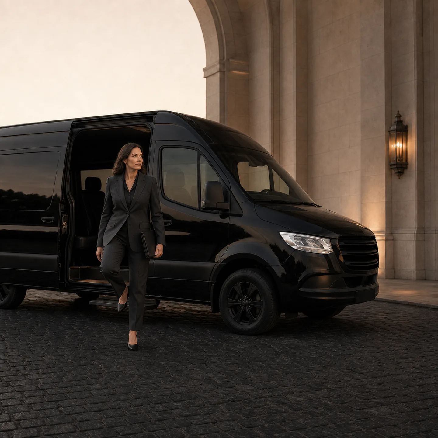 A woman in a gray suit steps out of a black Mercedes-Benz Sprinter van, folder in hand, beneath a lit stone archway at dusk.