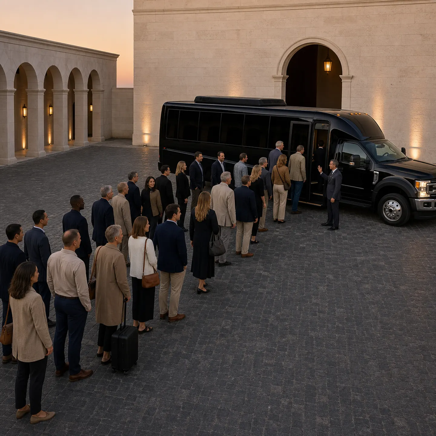 A long line of people wait beneath a stone archway to board a black Ford F-550 mini-coach at dusk.