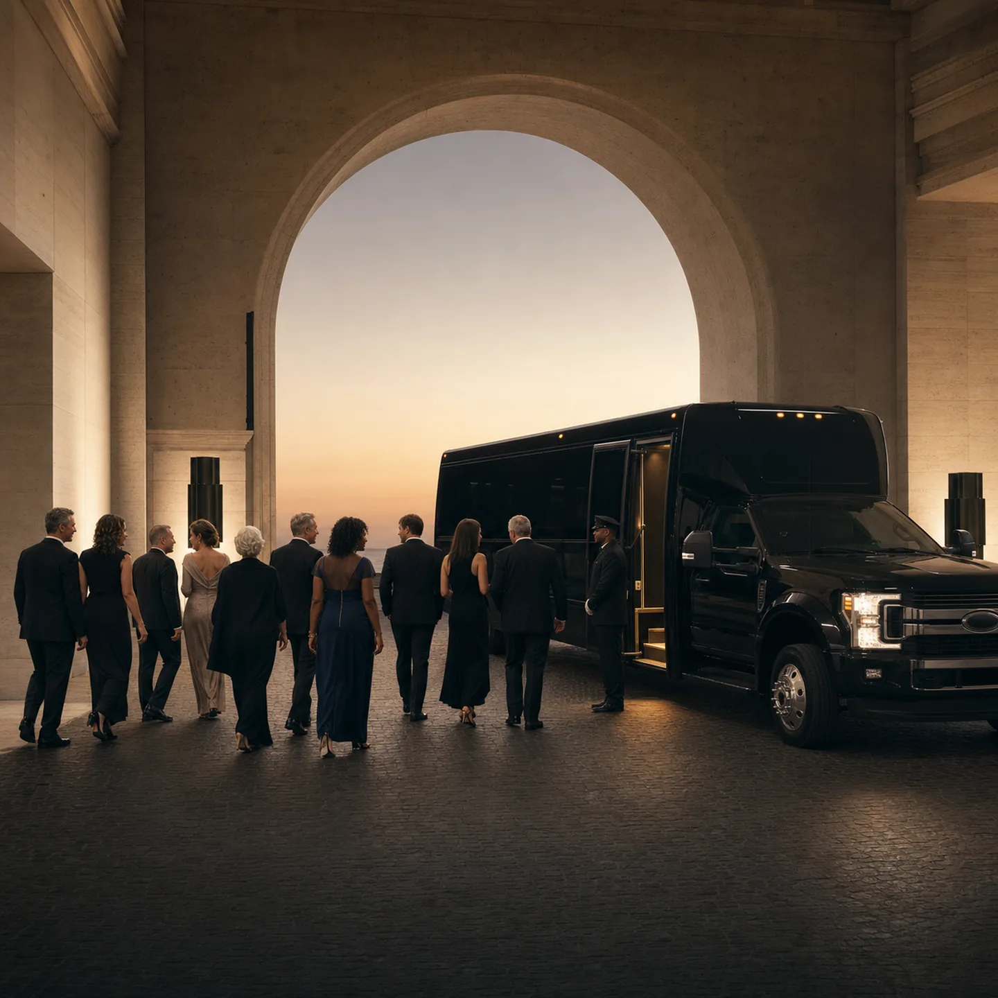 A chauffeur holds the door of a black Ford F-550 limousine bus as guests in formal evening wear approach through a large stone archway at dusk.