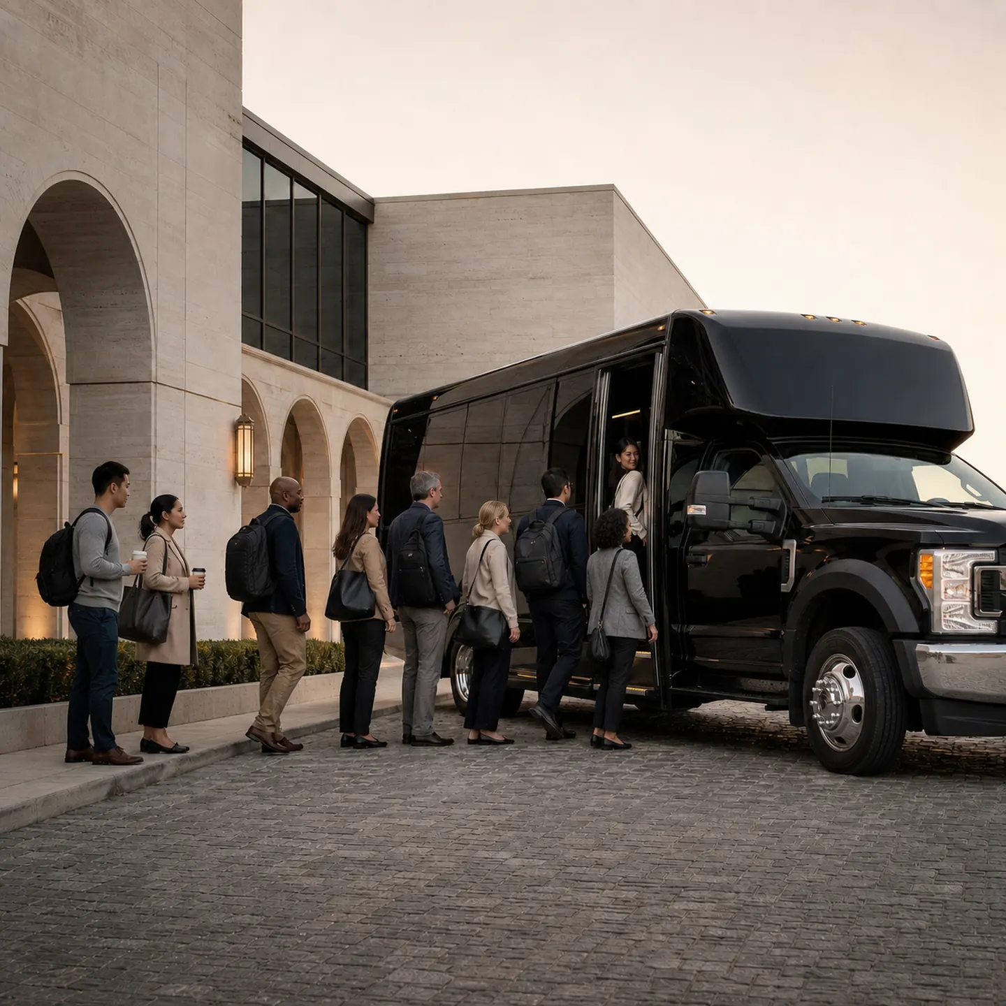 Office workers with backpacks and coffee cups boarding a black Ford F-550 mini-coach outside a modern stone building at dusk.