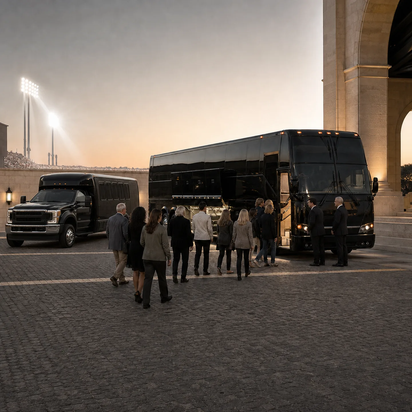 A group in business casual clothing walks toward a black motorcoach and a Ford F-550 shuttle bus outside a stone archway, with stadium floodlights glowing at dusk.