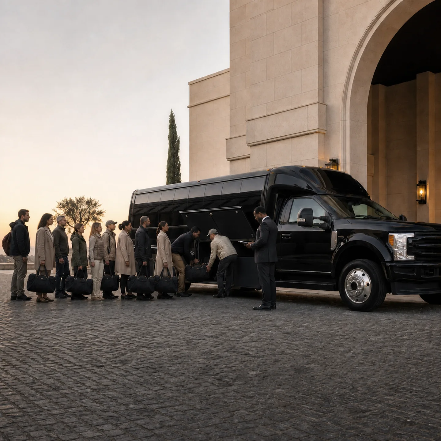 Travelers with duffel bags approach a black Ford mini-coach at dawn outside a stone building with a large arched entrance, as staff load luggage.