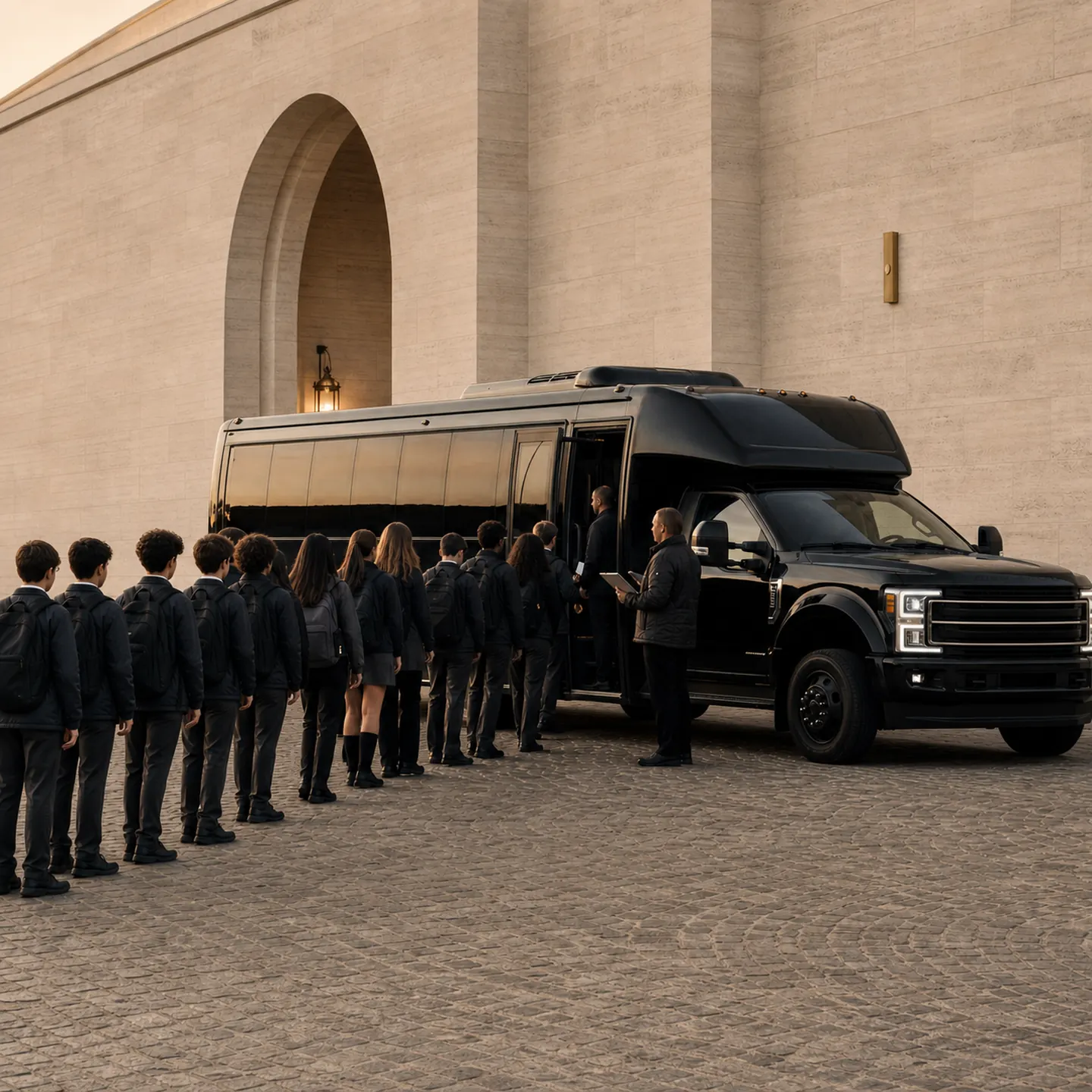 Students in dark uniforms carrying bags line up to board a black high-roof mini-coach outside a stone building at dusk.
