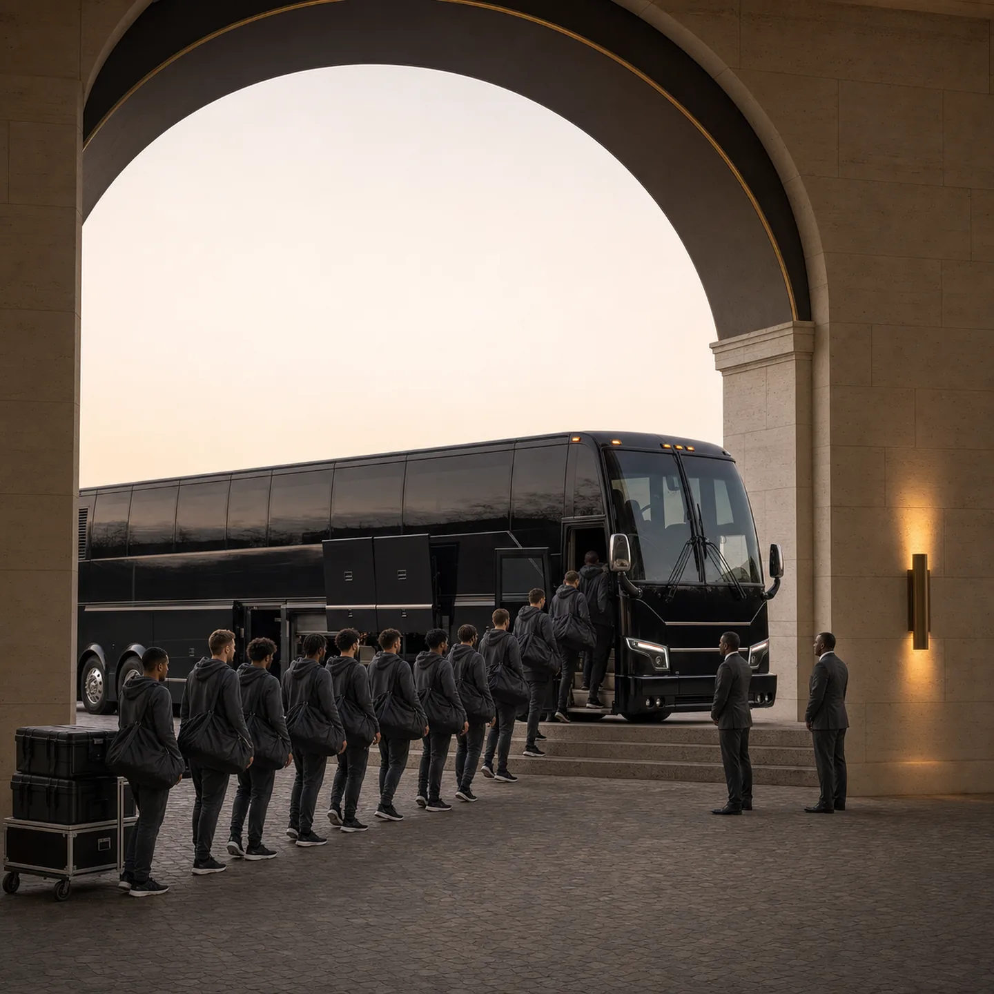 A line of athletes with duffel bags boards a black motorcoach beneath a stone archway as two men in suits look on.