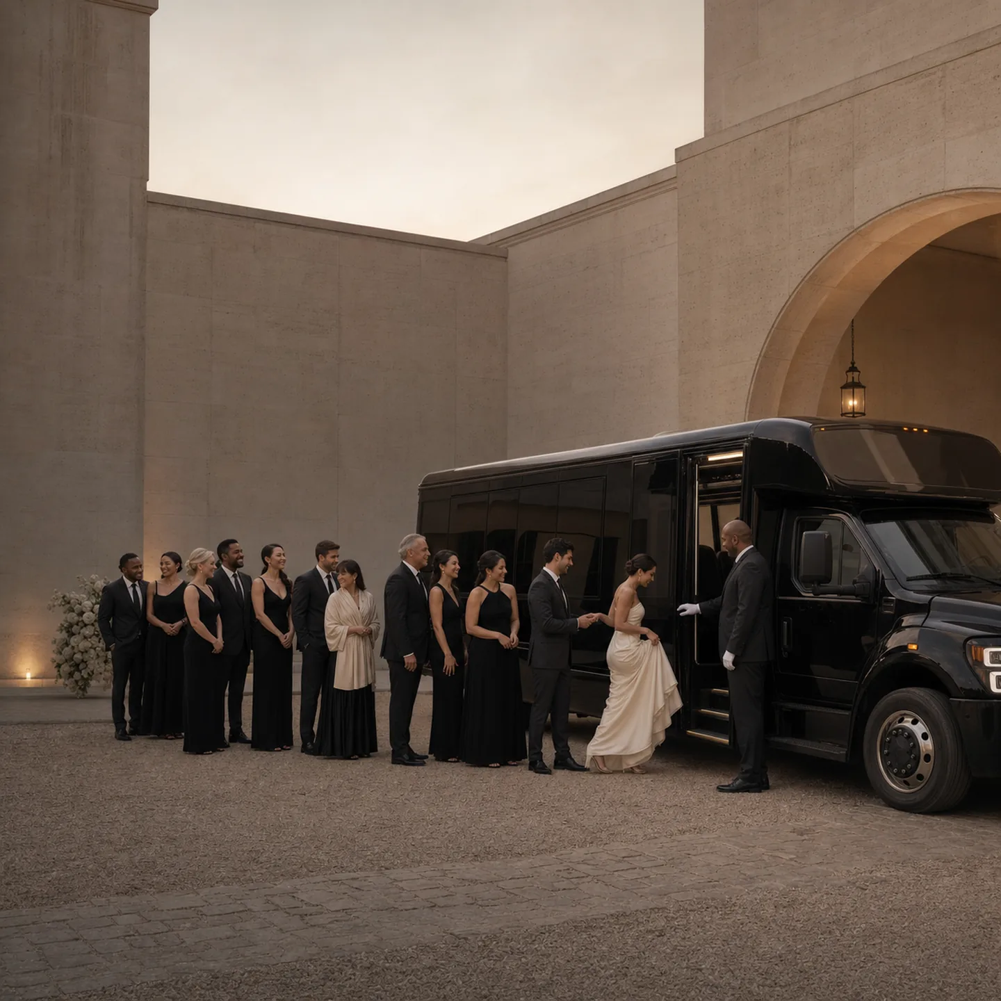 A bride in a pale gown boards a black mini-coach helped by a chauffeur, while wedding guests in black formalwear wait outside an arched stone building at dusk.