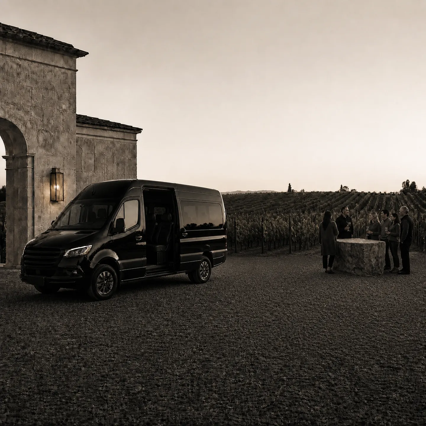A black Mercedes-Benz Sprinter van parked at a stone winery building beside vineyard rows, with a small group sharing wine at a stone table at dusk.
